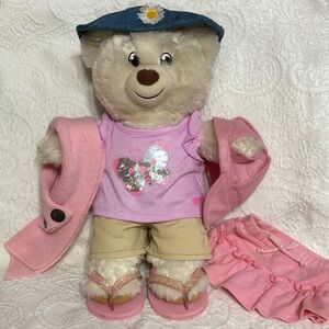 Build-A-Bear Teddy Bear with Pink Outfit, Glitter Shoes, Scarf, Skirt, Shorts